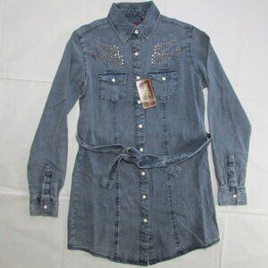 Lifestyle Women's Long Sleeve Tie Waist Snap Denim Western Dress